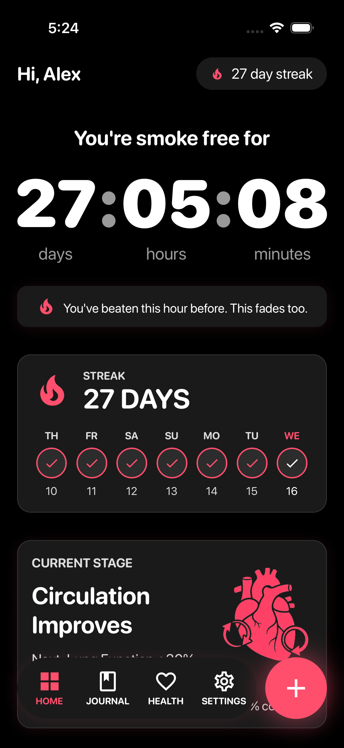 UnLit dashboard showing 27 smoke-free days